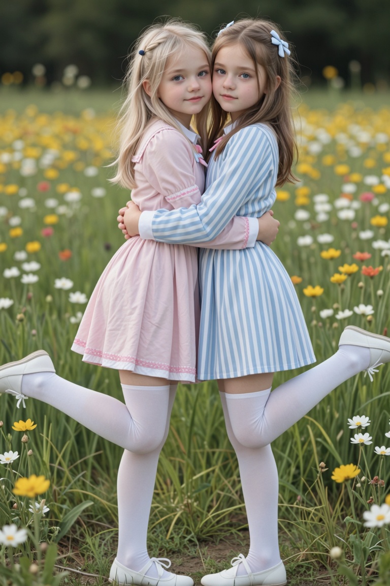 "Two 18-year-old girls in an intimate,  romantic summer scene in the late afternoon on a wildly flowering meadow. masterpi...