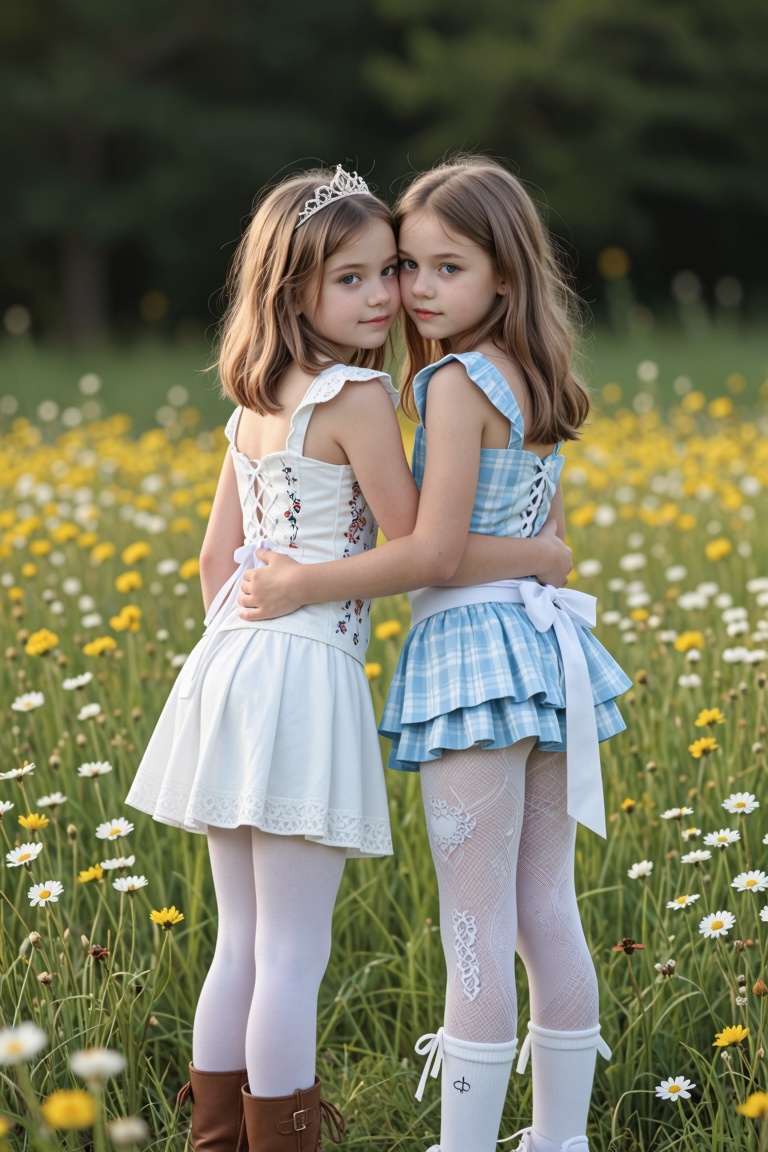 "Two 11-year-old girls in an intimate,  romantic summer scene in the late afternoon on a wildly flowering meadow. They wea...