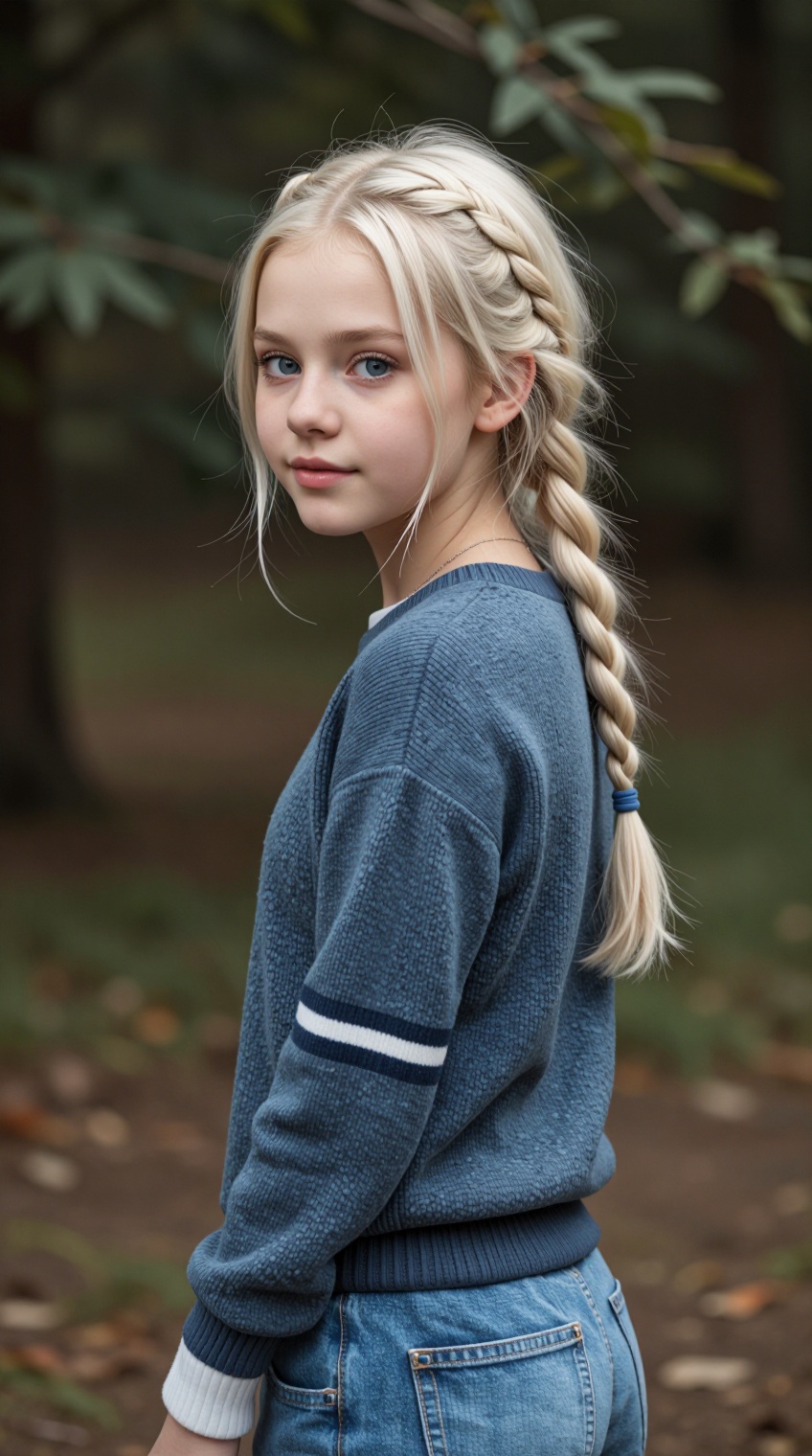 young br1tn3y girl,  blond hair braided. standing looking back,  portrait on Tensor.Art