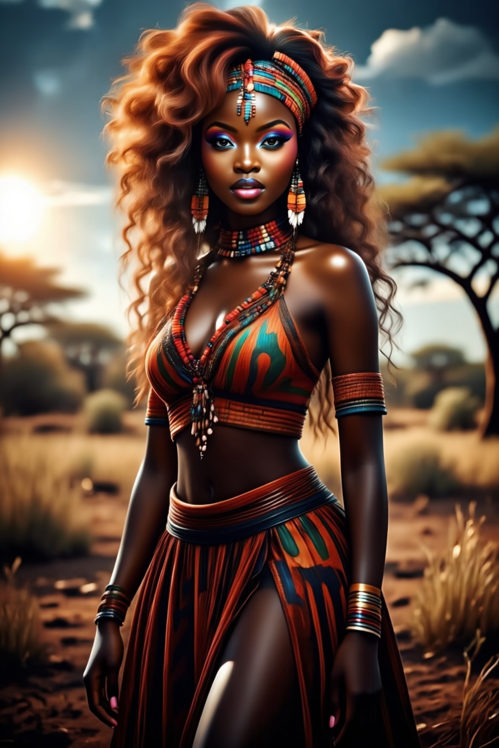 Top quality. Image content: A full-body portrait of a solitary Black girl,  gazing at the viewer. She has voluminous curly...