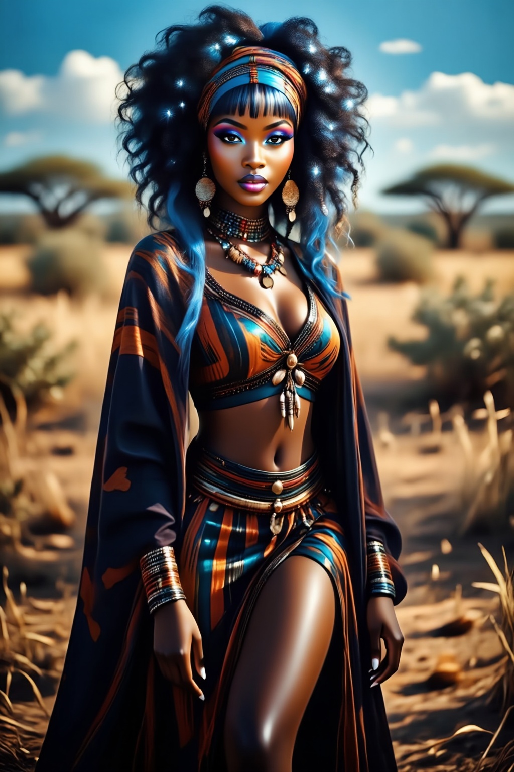 Top quality. Image content: A full-body portrait of a solitary Black girl,  gazing at the viewer. She has voluminous curly...