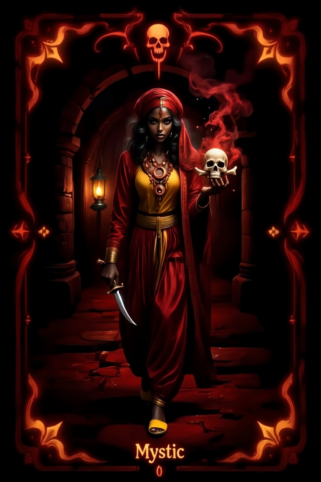 This is a tarot card depicting an occultist from the Cthulhu-style game Darkest Dungeon. At the bottom of the tarot card,...