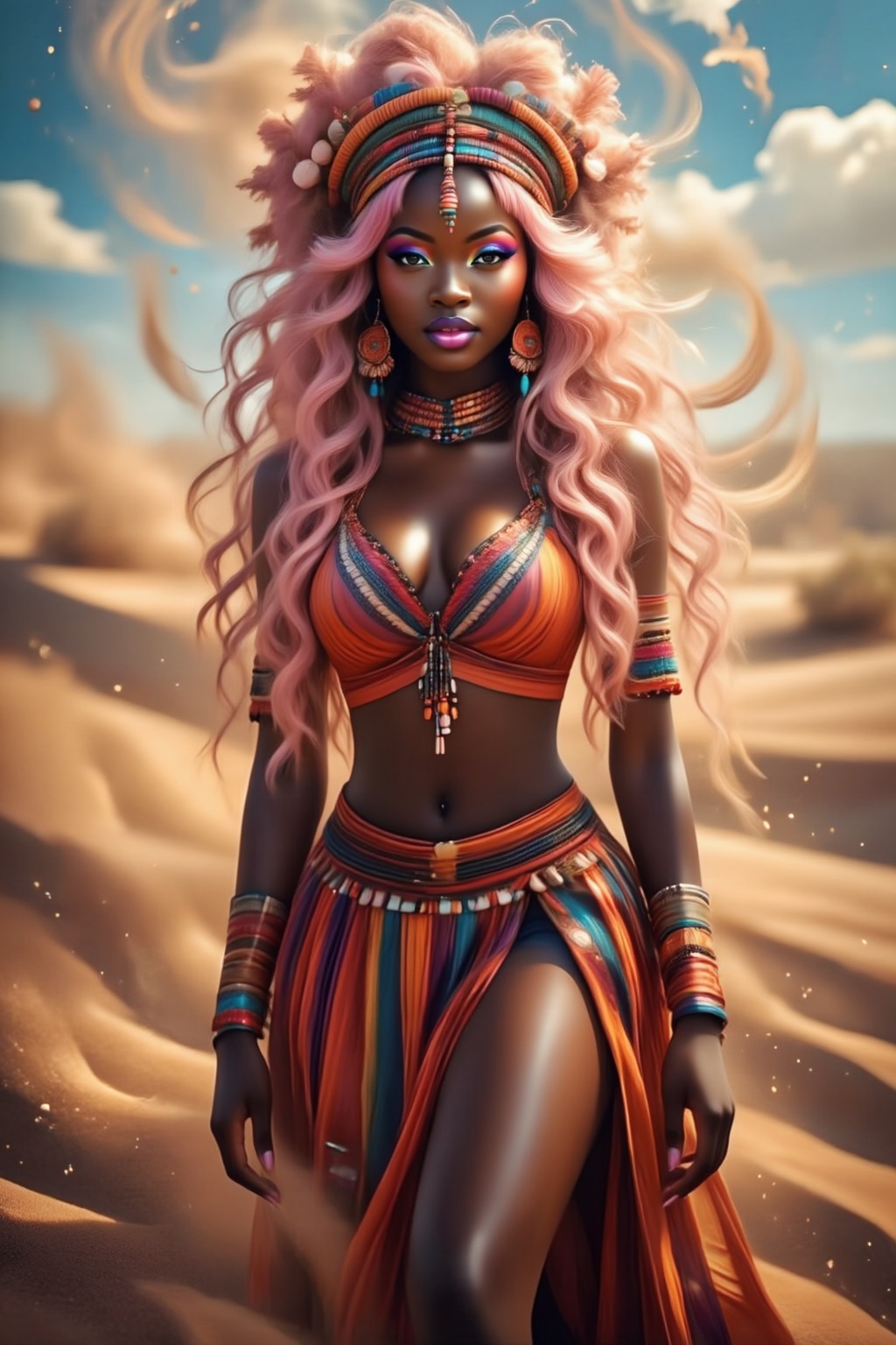 Top quality. Image content: A full-body portrait of a solitary Black girl,  gazing at the viewer. She has voluminous curly...