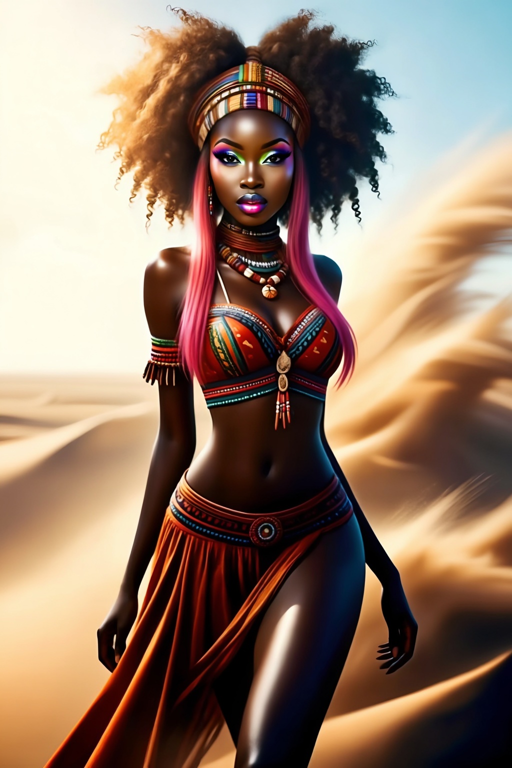 Top quality. Image content: A full-body portrait of a solitary Black girl,  gazing at the viewer. She has voluminous curly...