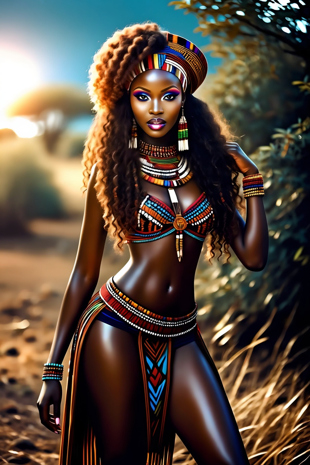 Top quality. Image content: A full-body portrait of a solitary Black girl,  gazing at the viewer. She has voluminous curly...