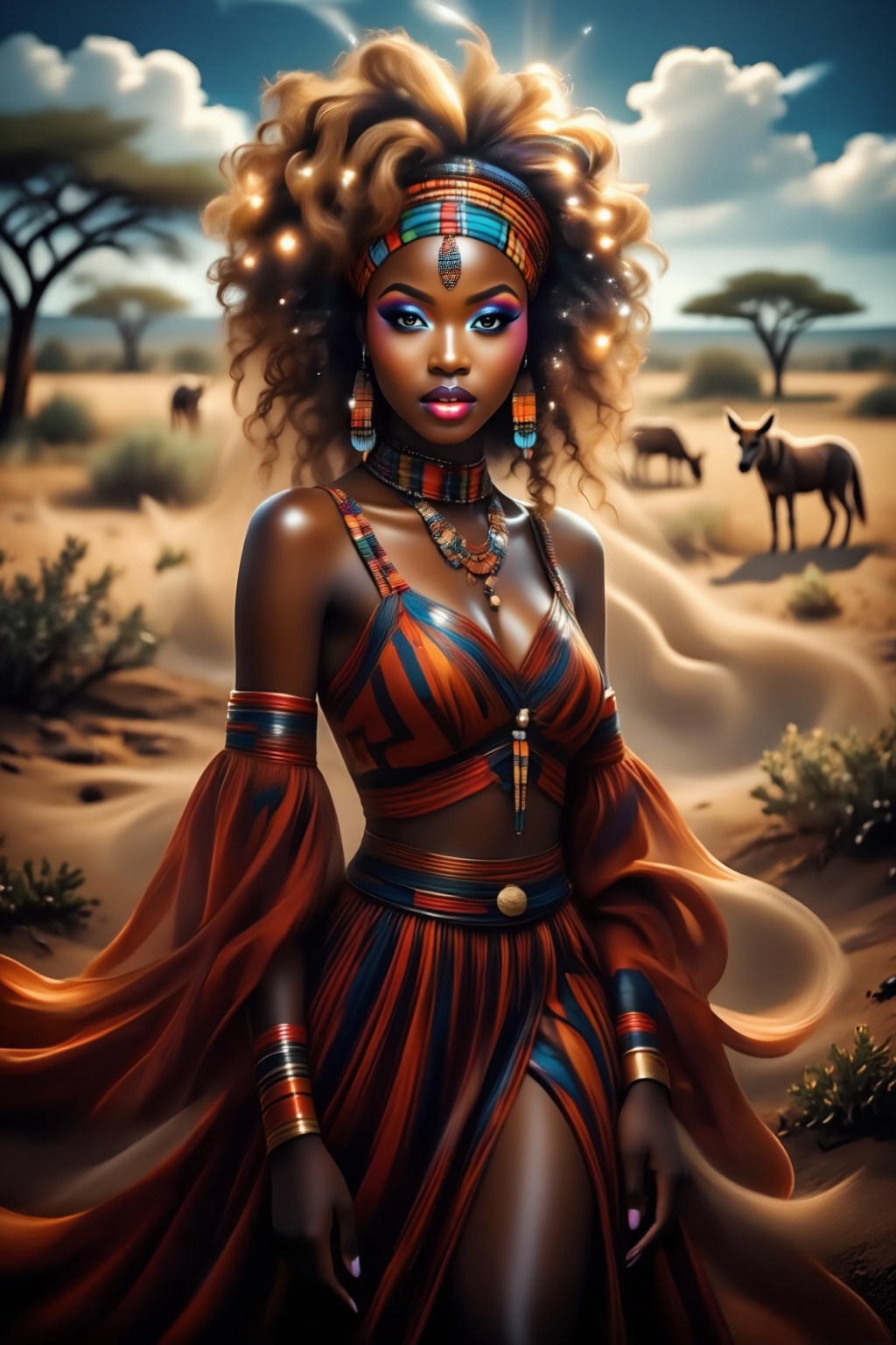 Top quality. Image content: A full-body portrait of a solitary Black girl,  gazing at the viewer. She has voluminous curly...