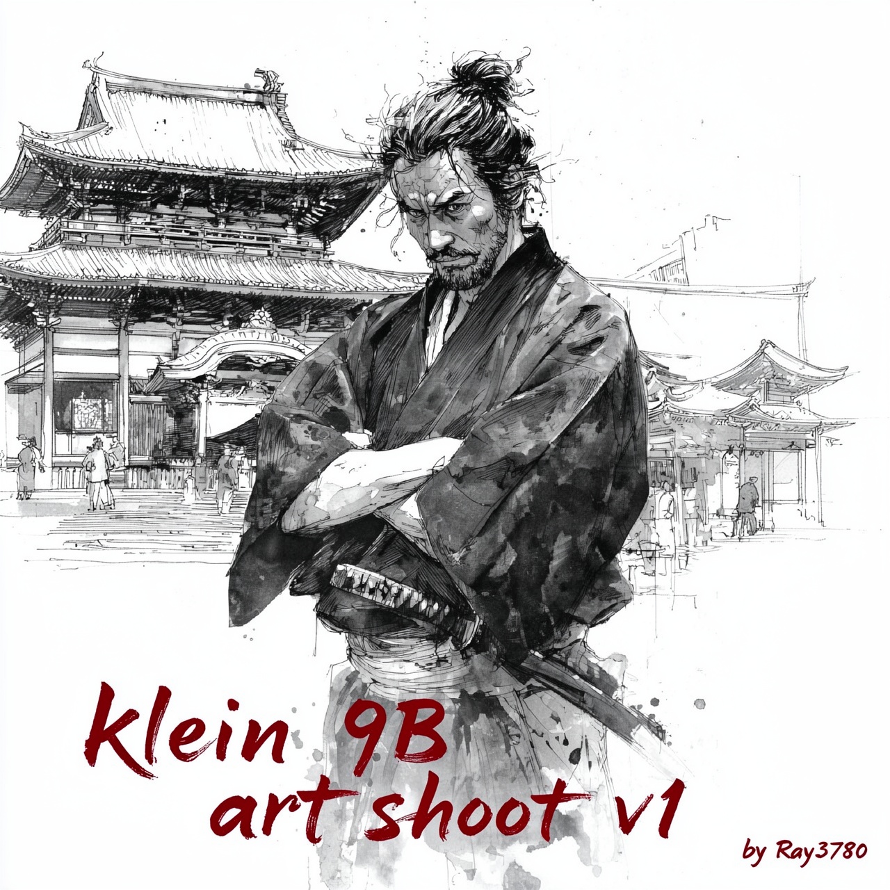 转换为1比1比例,  靠画面中下方用朱红色书法写着：“klein 9B art shoot v1”,  最右下角有朱红色小字：“by Ray3780” on Tensor.Art