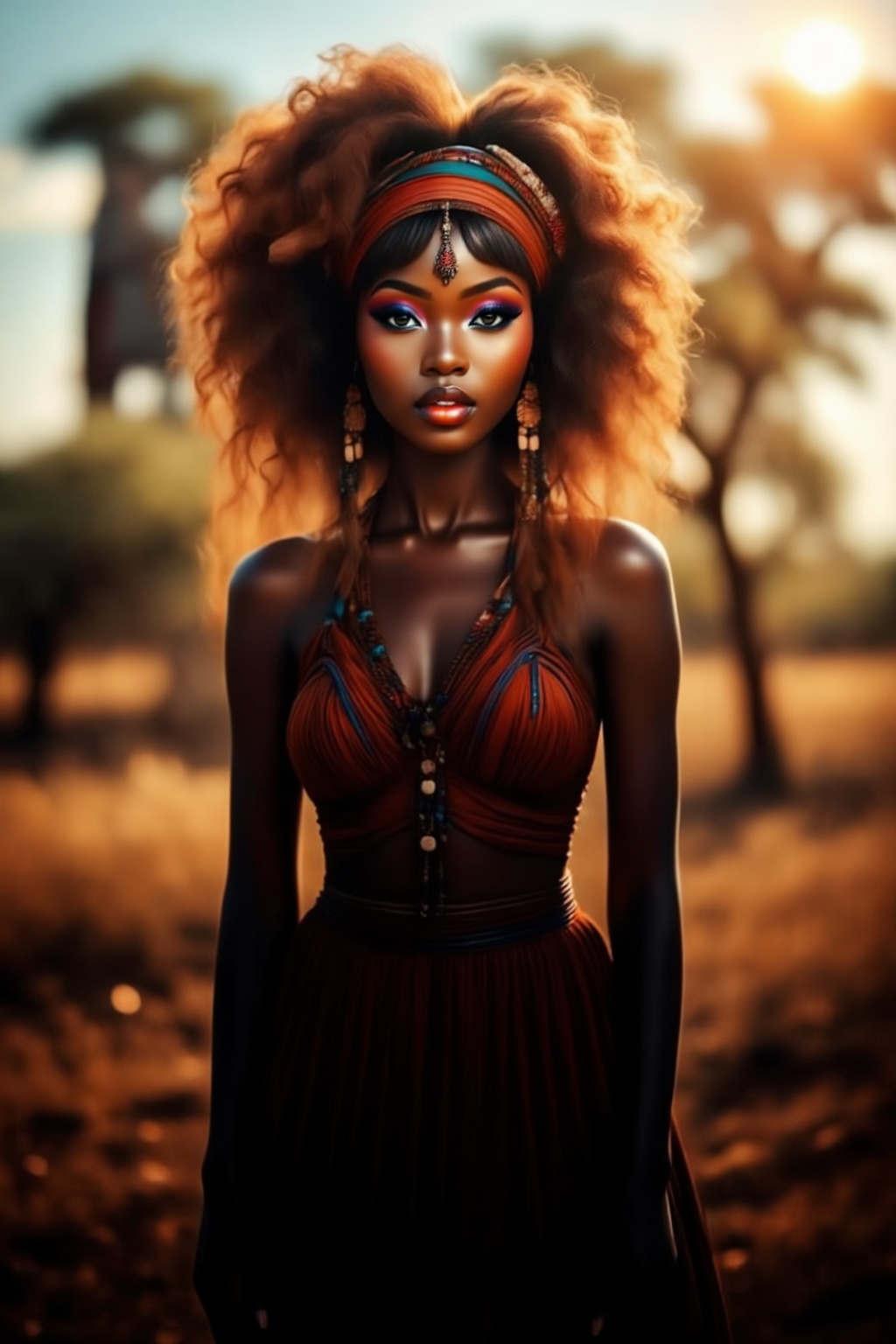 Top quality. Image content: A full-body portrait of a solitary Black girl,  gazing at the viewer. She has voluminous curly...