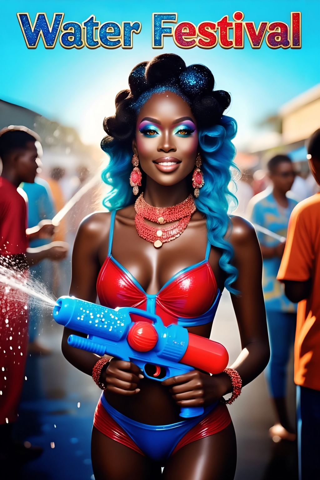 Inspiration: Water Festival,  clothing,  fashion design. Close-up: A Black woman with long on Tensor.Art