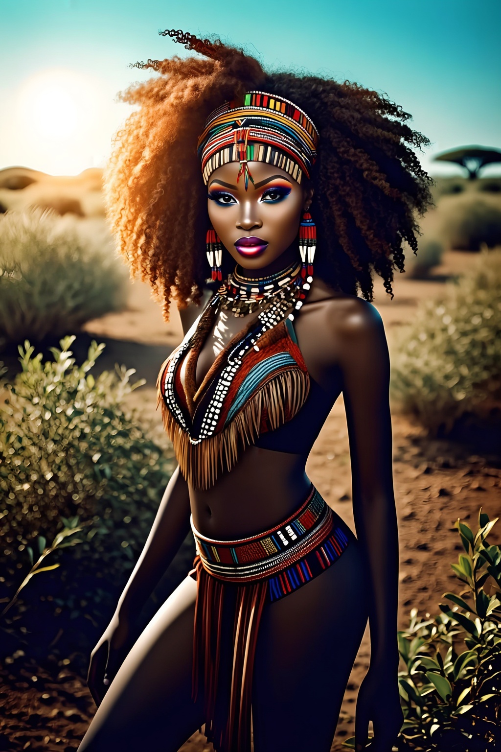 Top quality. Image content: A full-body portrait of a solitary Black girl,  gazing at the viewer. She has voluminous curly...