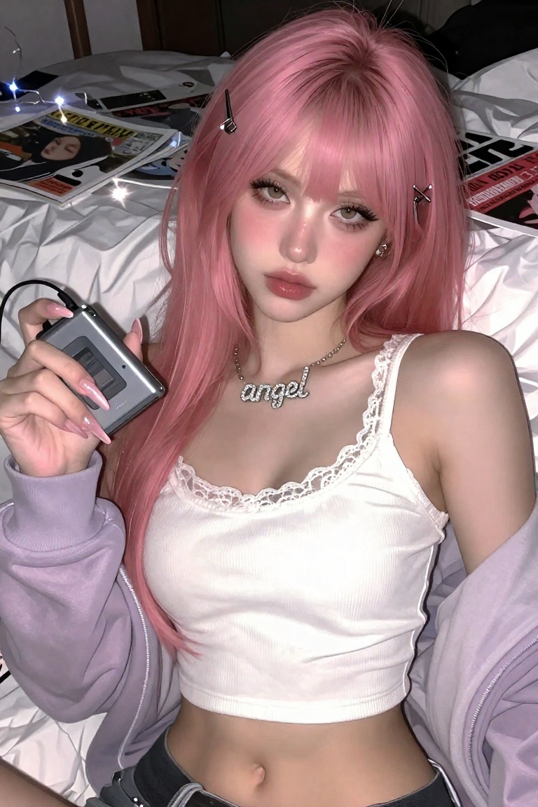 Close-up portrait of a young woman leaning against a messy bed,  head-and-torso composition,  harsh direct flash flattenin...
