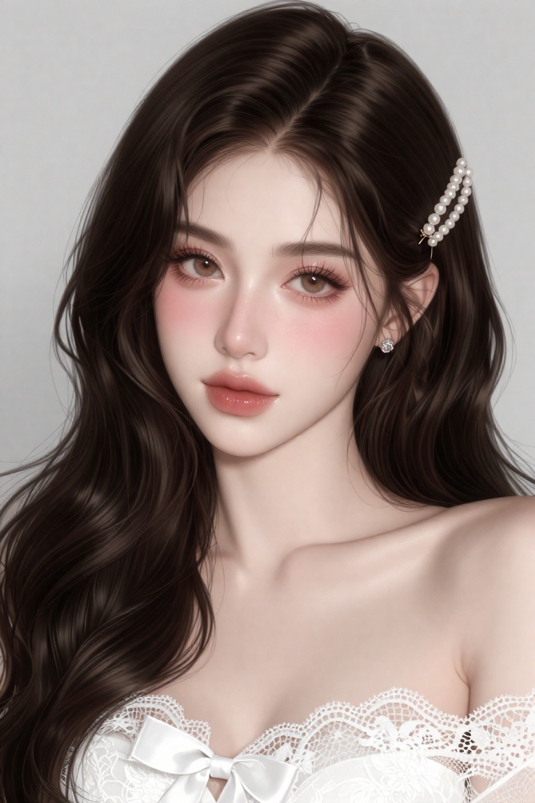 A close-up portrait of a young woman with fair skin and a soft,  elegant expression,  looking directly at the camera. Her...