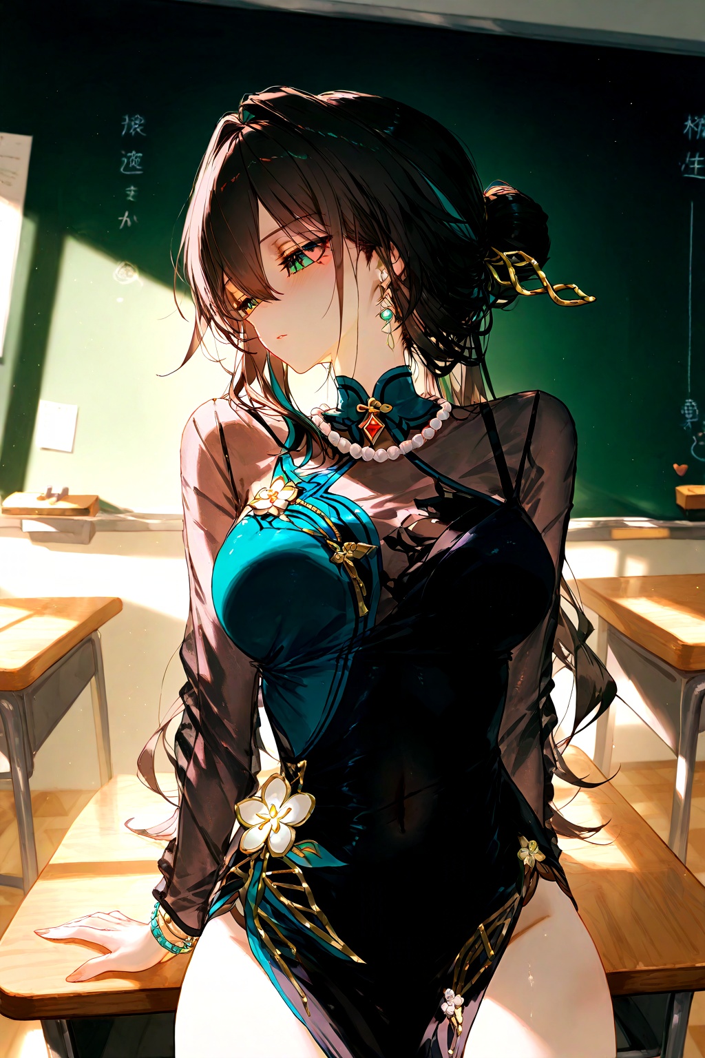 depth of field,(artist:quasarcake:0.8),extreme aesthetic,(wlop:0.6),wanke,relle,wanke,masterpiece,best quality,good quality,newest,year 2024,year 2023,very aesthetic,absurdres,A shot with tension,ultra-high resolution,32K UHD,sharp focus,best quality,masterpiece, (Ruan Mei_(/Honkai: Star Rail/) , dress, jewelry, black_hair, long_hair, black_dress, earrings, classroom, chalkboard, bracelet, hair_ornament, covered_navel, indoors, desk, teacher, bangs, see-through, hair_between_eyes, necklace, blush, solo_focus, green_eyes, curvy, belt,  flower, sitting, wide_hips, school_desk, long_sleeves,,,,,