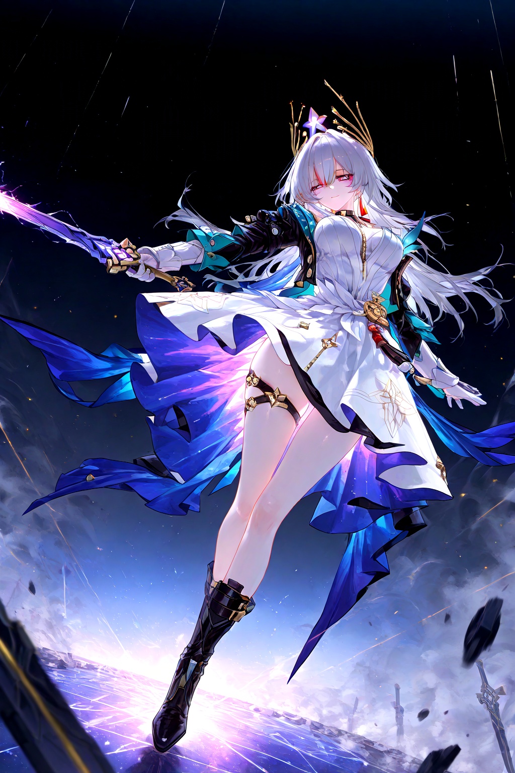 figure,CC-YG,castorice \(honkai: star rail\),CC-YG,figure,castorice \(honkai: star rail\),castorice \(honkai: star rail\),1girl,solo,hysilens \(honkai: star rail\),white hair,shirt,looking at viewer,white gloves,crown on head,white shirt,breasts,legs,long sleeves,jacket,bangs,full body,purple eyes,smile,open clothes,thigh strap,white dress,boots,open jacket,large breasts,depth of field,cinematic lighting,light particles,lens flare,flying debris,dust,smoke,masterpiece,best quality,amazing quality,very aesthetic,absurdres,best quality,newest,(artist:quasarcake:0.8),extreme aesthetic,(wlop:0.9),masterpiece,best quality,good quality,newest,year 2024,year 2023,very aesthetic,absurdres,A shot with tension,(Visual impact,giving the poster a dynamic and visually striking appearance:1.2),impactful picture,offcial art,colorful,splash of color,movie perspective,hold the sword with both hands,correct sword holding posture,qxsy,zjkx,castorice\(honkai:star rail\),Castorice_\(honkai_star_rail\),gradient
