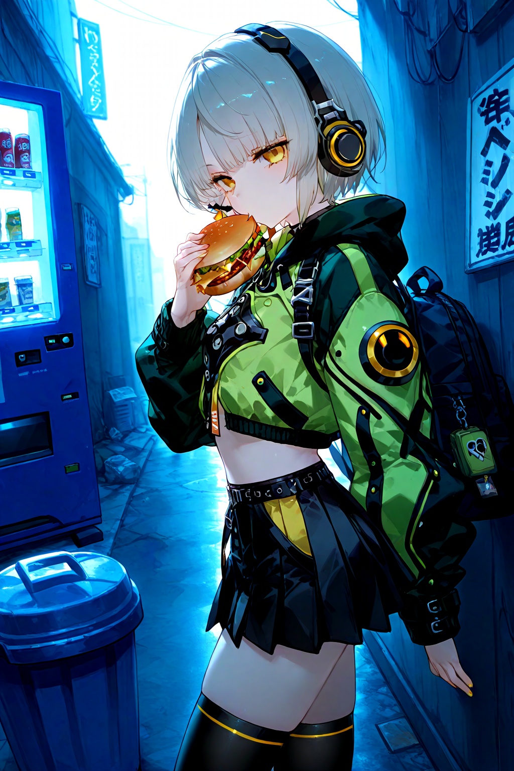 masterpiece,absurdres,best quality,petite,high quality,chromatic_aberration, //, anby demara,1girl,headphones,solo,skirt,burger,trash can,black skirt,thighhighs,vending machine,black thighhighs,short hair,food,jacket,holding food,green jacket,holding,multicolored jacket,looking at viewer,orange eyes,eating,two-tone jacket,grey hair,zettai ryouiki,alley,midriff,long sleeves,backpack,multicolored clothes,sign,bag,pleated skirt,crop top,cropped jacket,from side,yellow eyes, //, artist:Konya Karasue,(artist:rella:0.8),(artist:konya karasue:0.8),(artist:misaka_12003-gou:0.6),(artist:quasarcake:0.6),