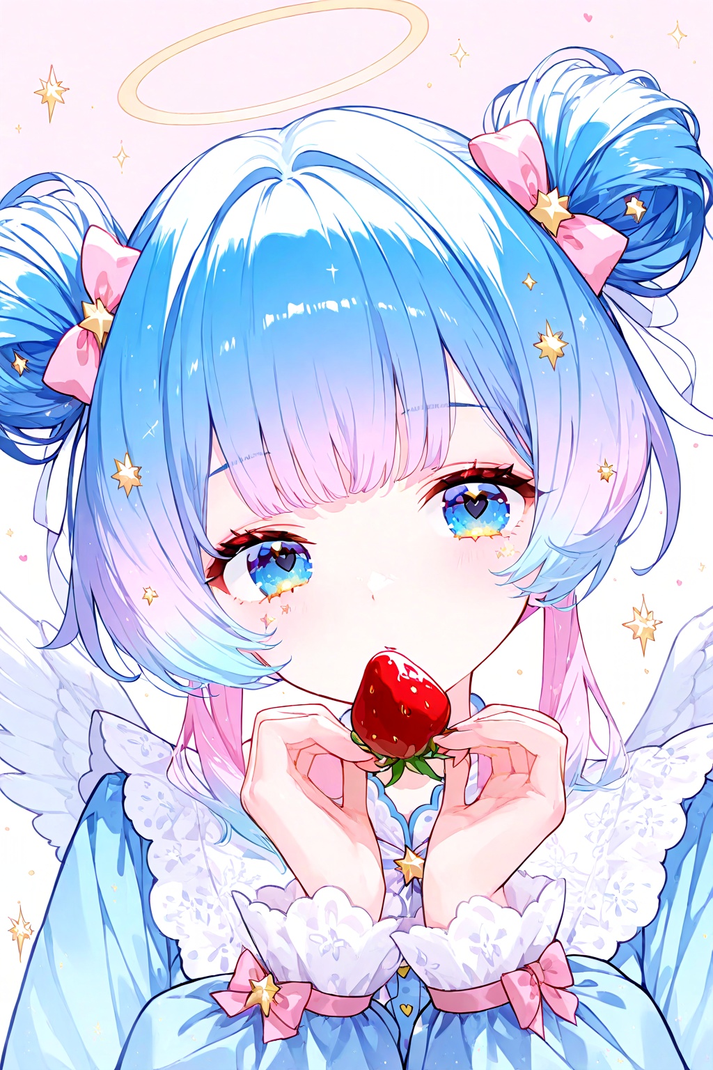 1girl,blue hair,double bun,gradient hair,blue eyes,lolita fashion,lace,bow,heart,strawberry,ribbon,feather,halo,star,pastel colors,blue and pink,dreamy,sparkles,intricate details,delicate line art,illustration,