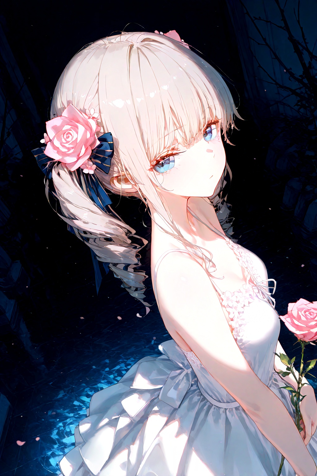 masterpiece,very aware,highres,absurdres,newest,best quality,loli,petite,high quality,chromatic_aberration,cinematic_angle,dutch angle,//,artist:ciloranko,artist:ningen_mame,artist:sho_(sho_lwlw),artist:rhasta,artist:wlop,artist:ke-ta,artist:hiten \(hitenkei\),//,1girl,solo,looking at viewer,bangs,blue eyes,hair ornament,dress,bow,ribbon,holding,bare shoulders,closed mouth,flower,hair bow,grey hair,hair flower,white dress,rose,drill hair,pink flower,branch,holding flower,