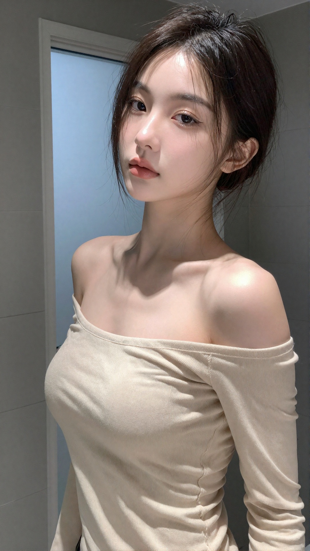 photograph of an asian woman with fair skin and delicate features,  standing in a modern bathroom,  she has dark brown on...