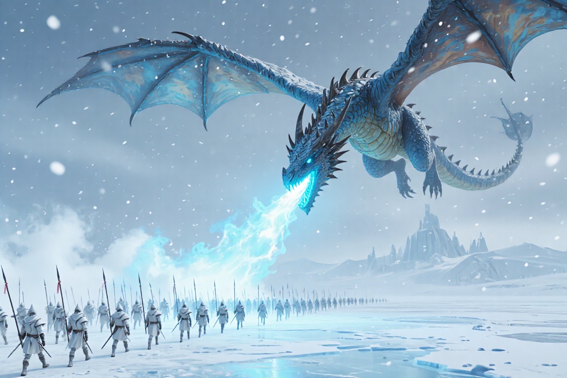A wide-angle cinematic digital illustration of a giant blue dragon flying through a blizzard,  breathing blue fire. An arm...