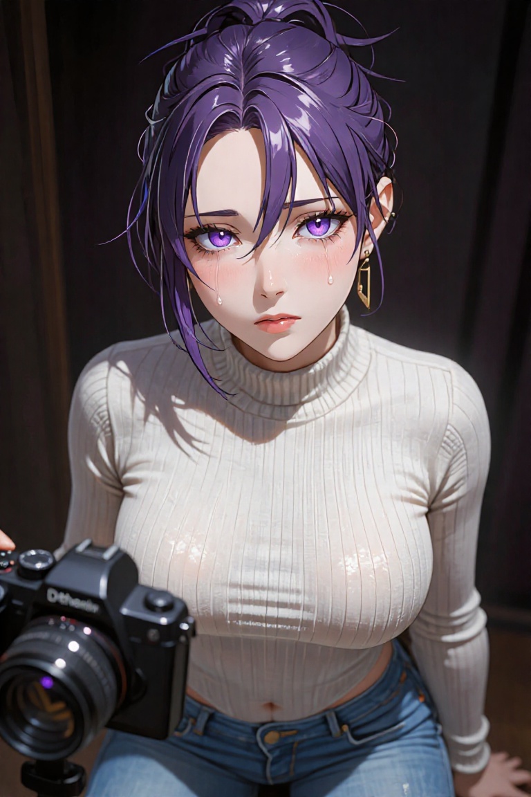 A highly detailed portrait of a stunningly Raven in tight and form-fitting sweater and jeans,  purple eyes,  short purple...
