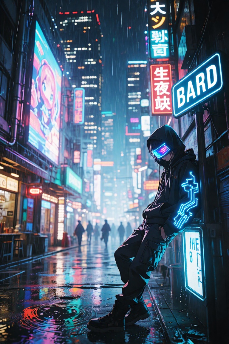 A rain-soaked neon-lit alleyway in a sprawling cyberpunk city at night,  illuminated by holographic billboards and flicker...