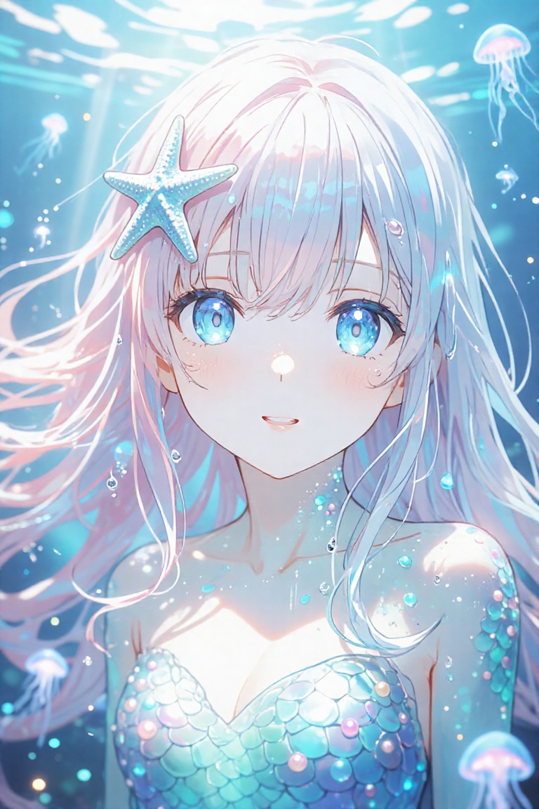 a stunningly beautiful anime-style mermaid with long,  flowing,  wet hair in soft pastel shades of pink on Tensor.Art
