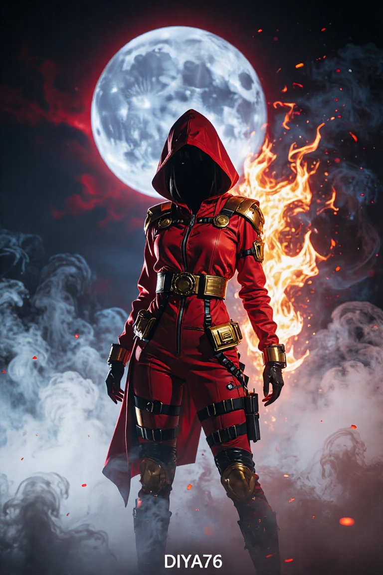 A woman wearing hooded figure in red and gold tactical gear,  there's face obscured by the shadow of the hood. The mysteri...