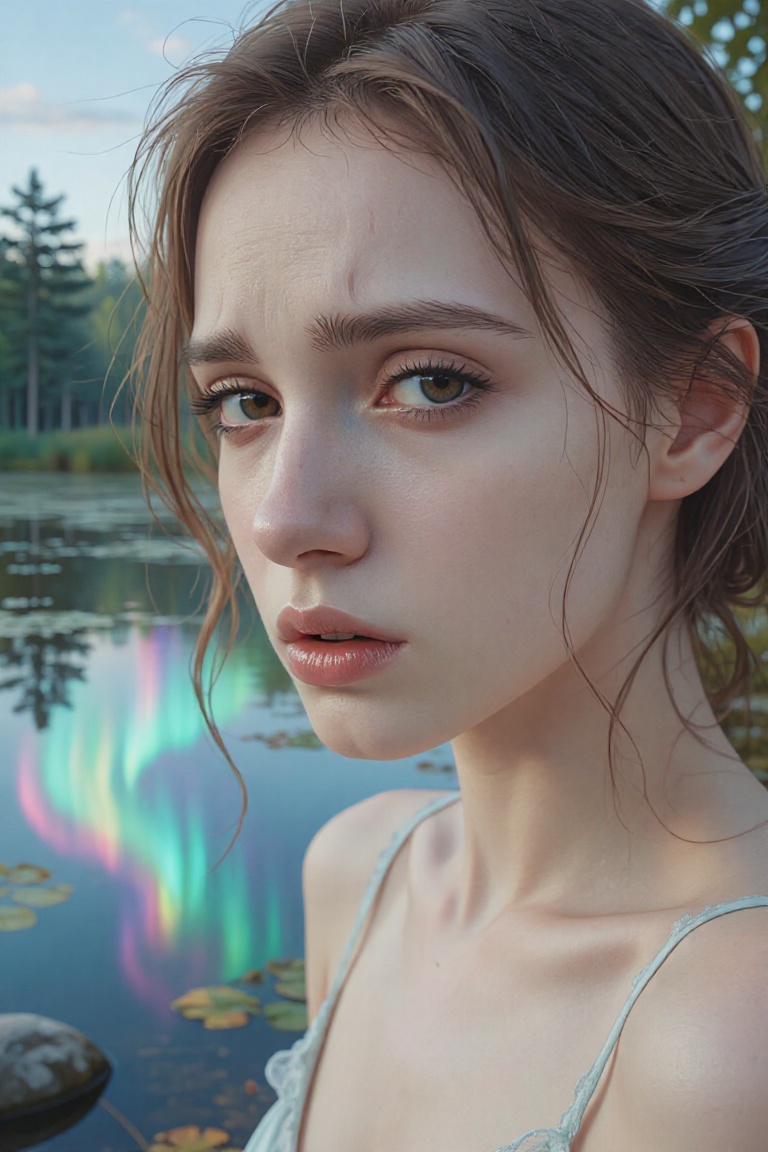 A woman with ethereal features,  her expression embodying resignation and grace,  set against a surreal pond reflecting an...