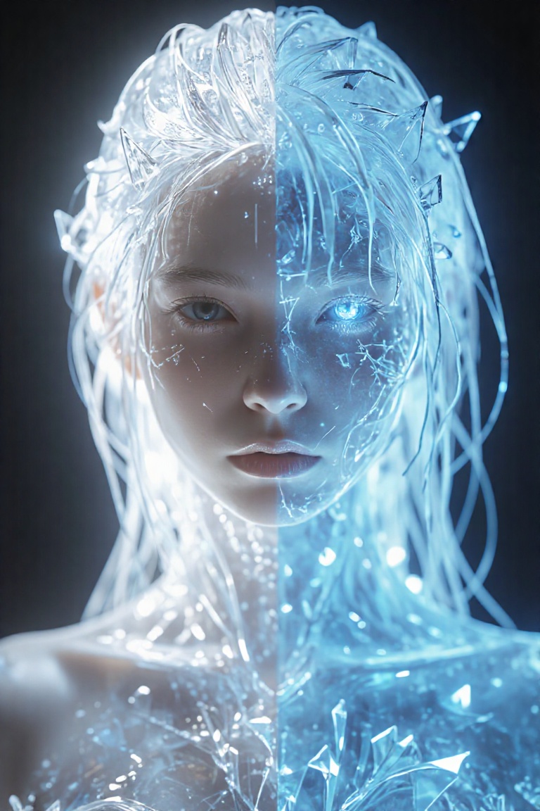 ultra beautiful half body,  close up,  glowing woman in Ice on Tensor.Art