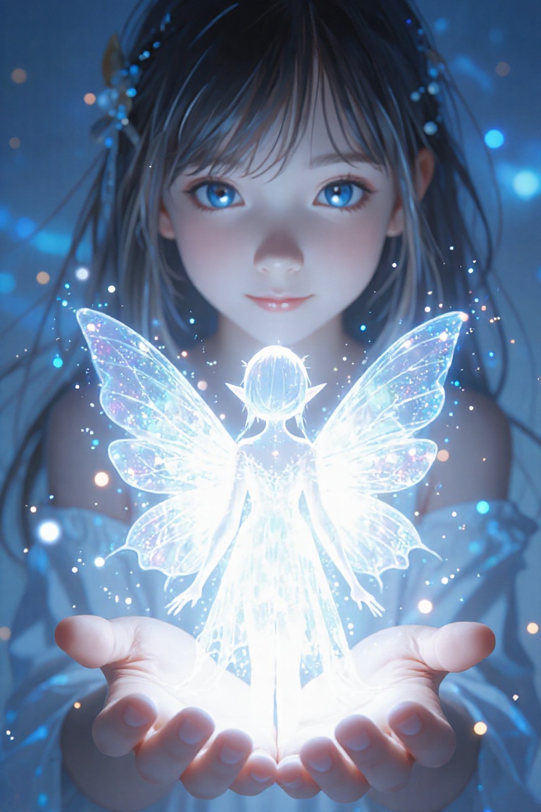 A young girl with long hair and big blue eyes holds her hands out in front of her. In the palms of her hands sits a whimsi...