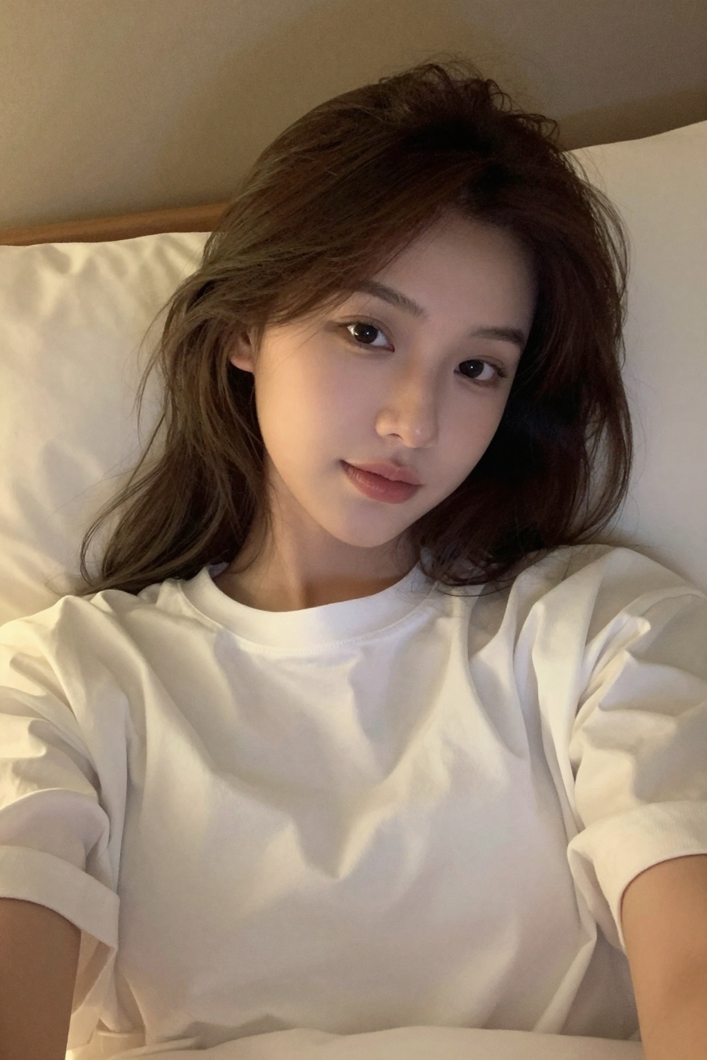 Relaxed evening selfie of a 21-year-old woman with shoulder-length soft brown hair styled in loose,  slightly undone waves...