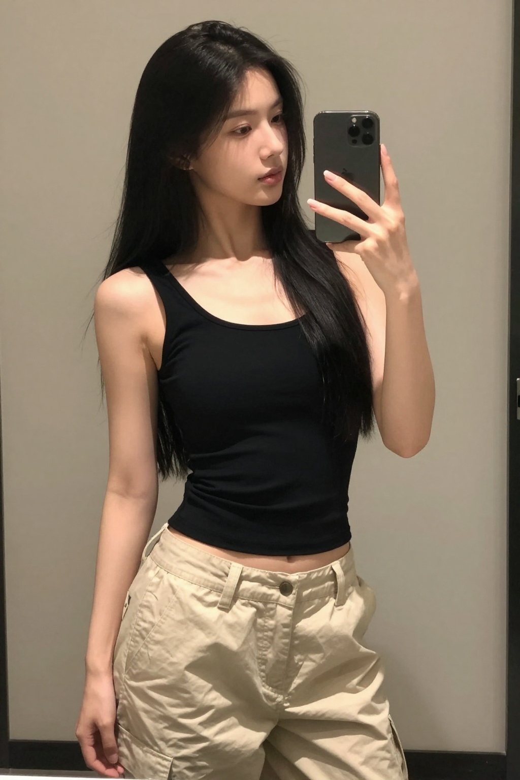 Casual mirror selfie of a 20-year-old woman with long,  straight jet-black hair falling neatly down her back. Her complexi...