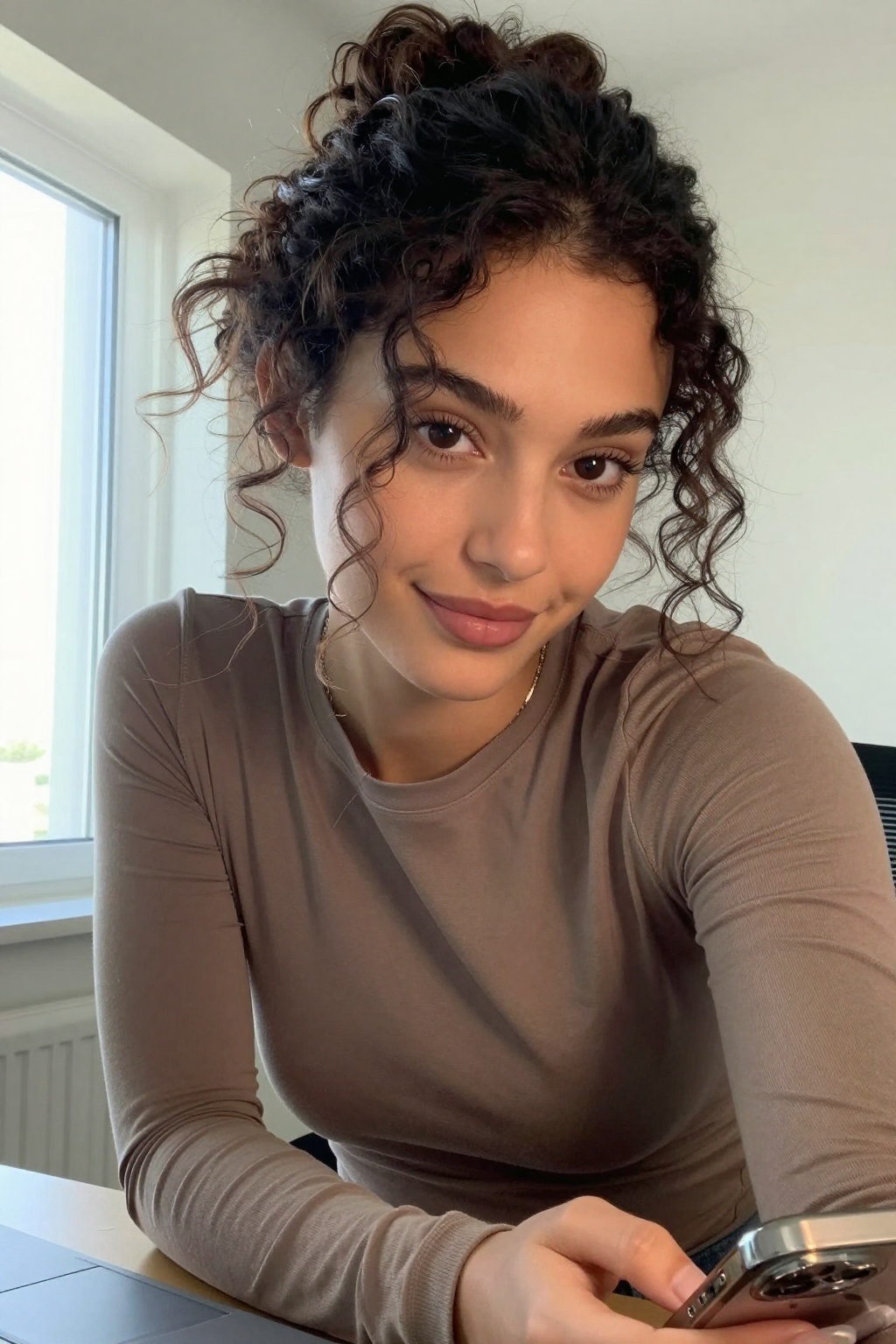 Candid indoor selfie of a 23-year-old woman with thick,  curly dark hair pulled loosely into a messy bun,  a few strands f...