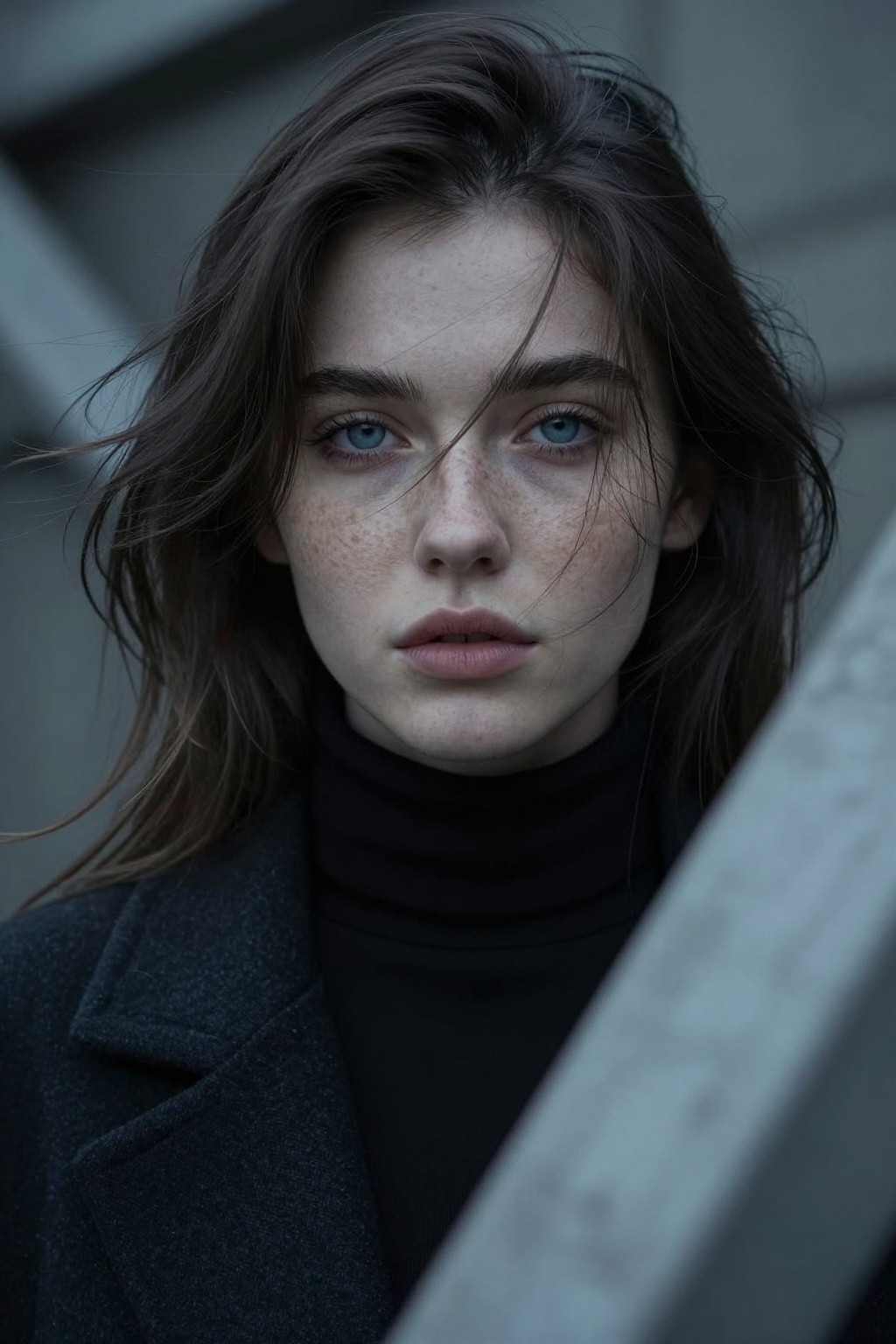 A close-up portrait of a young woman with striking blue eyes,  abundant freckles,  and wind-swept dark hair. She wears a b...