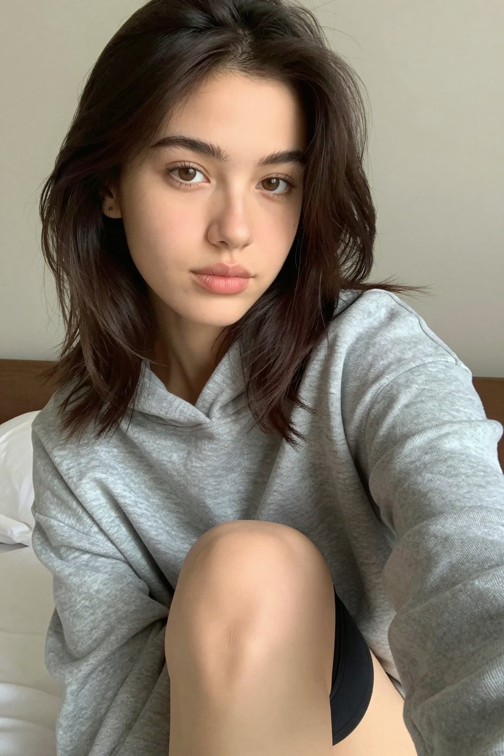 ******* smartphone selfie of a 21-year-old brunette woman with shoulder-length,  slightly wavy dark brown hair parted in t...