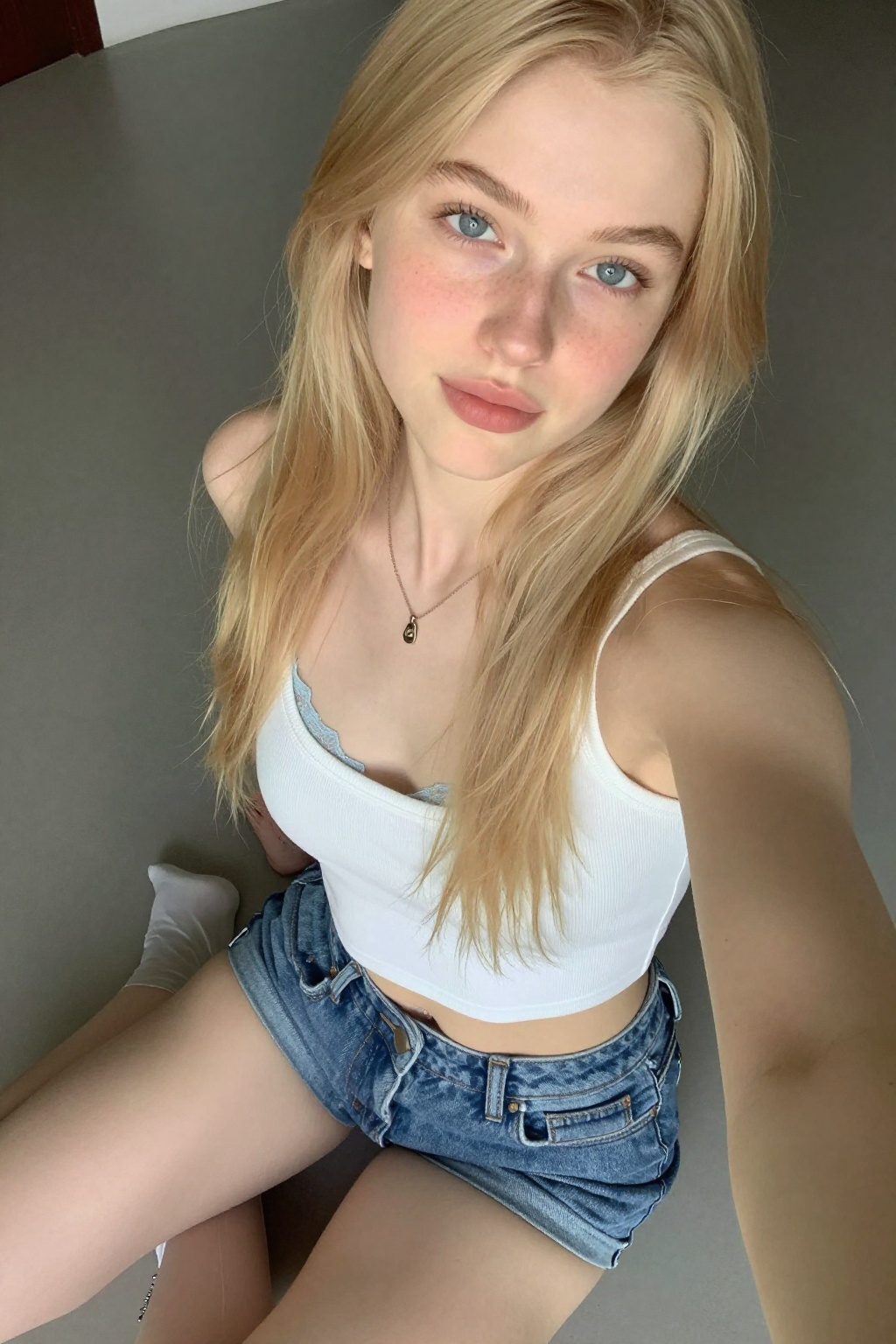 ******* selfie photo of a 20-year-old blonde girl with long,  straight light blonde hair cascading over her shoulders. Her...