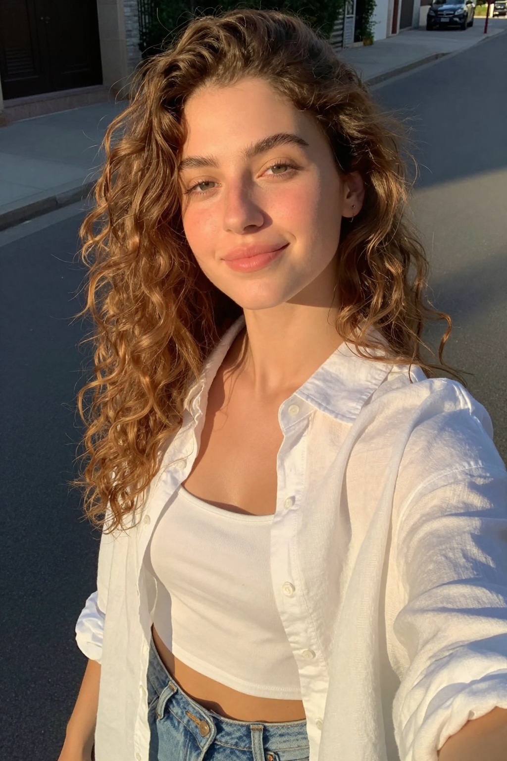 Natural outdoor selfie of a 22-year-old woman with sun-kissed skin and long,  loosely curled light brown hair with subtle...