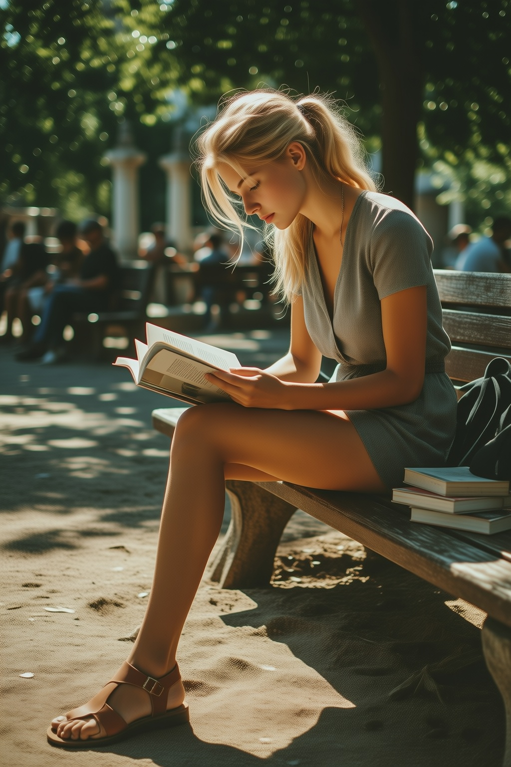 midjourneyanalog11q25 photograph. Young woman shown in 3/4 view,  with long blonde hair tied in a ponytail sits on a bench...