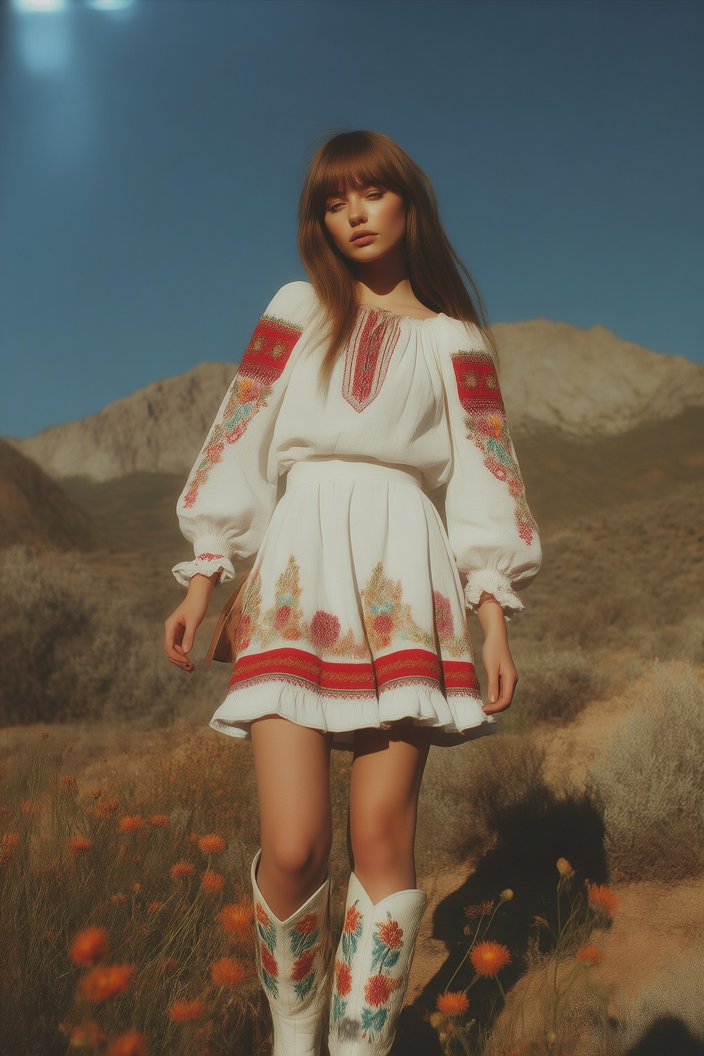 midjourneypastel10z25 photograph. Full shot of a young woman shown in 3/4 view,  with long,  straight brown hair and bangs...