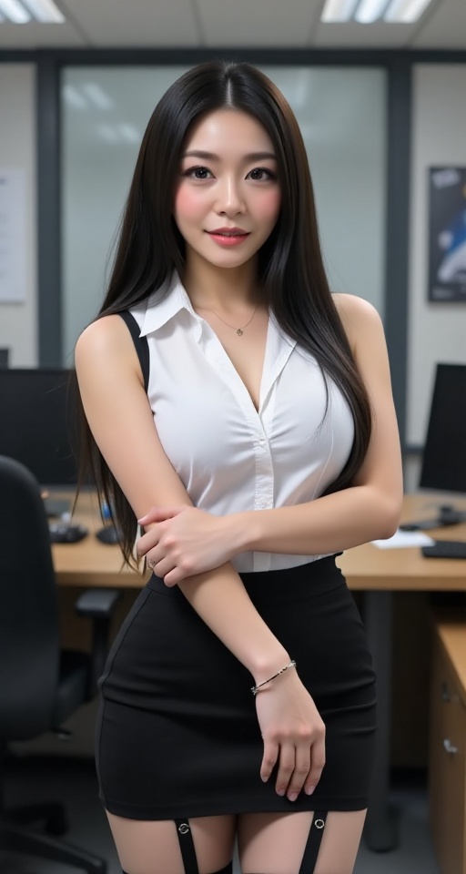 1girl solo long hair breasts looking at viewer skirt large breasts shirt black hair thighhighs cleavage white shirt sleeve...