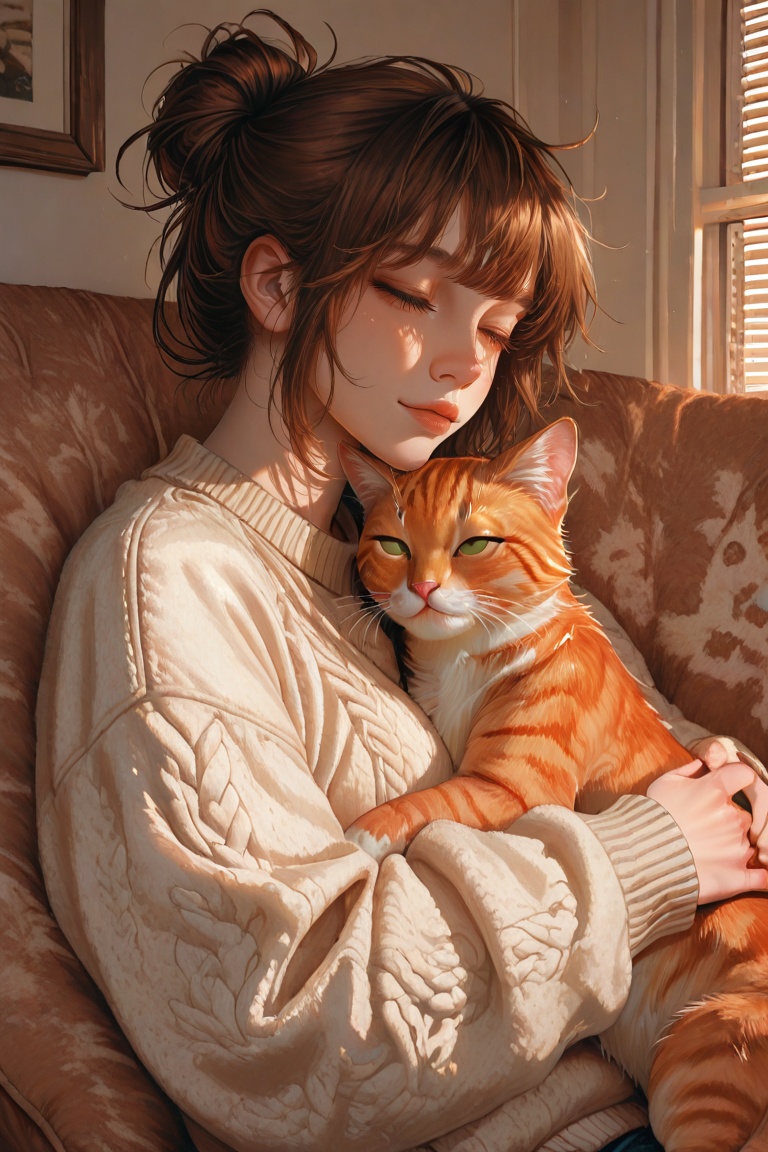 A cozy,  sun-drenched portrait of a young woman cuddling a fluffy orange tabby cat close to her face. She has messy brown...