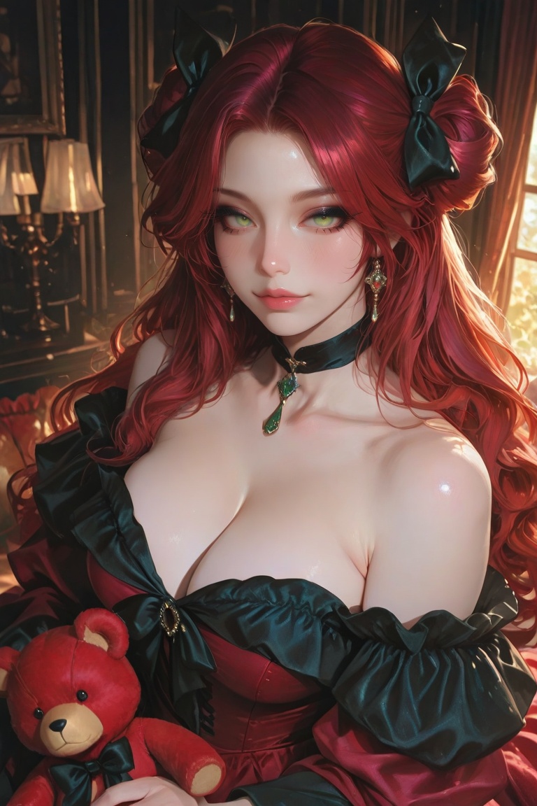 [Realistic illustration of] A woman with vibrant red hair styled in two high,  voluminous buns gazes directly at the viewe...