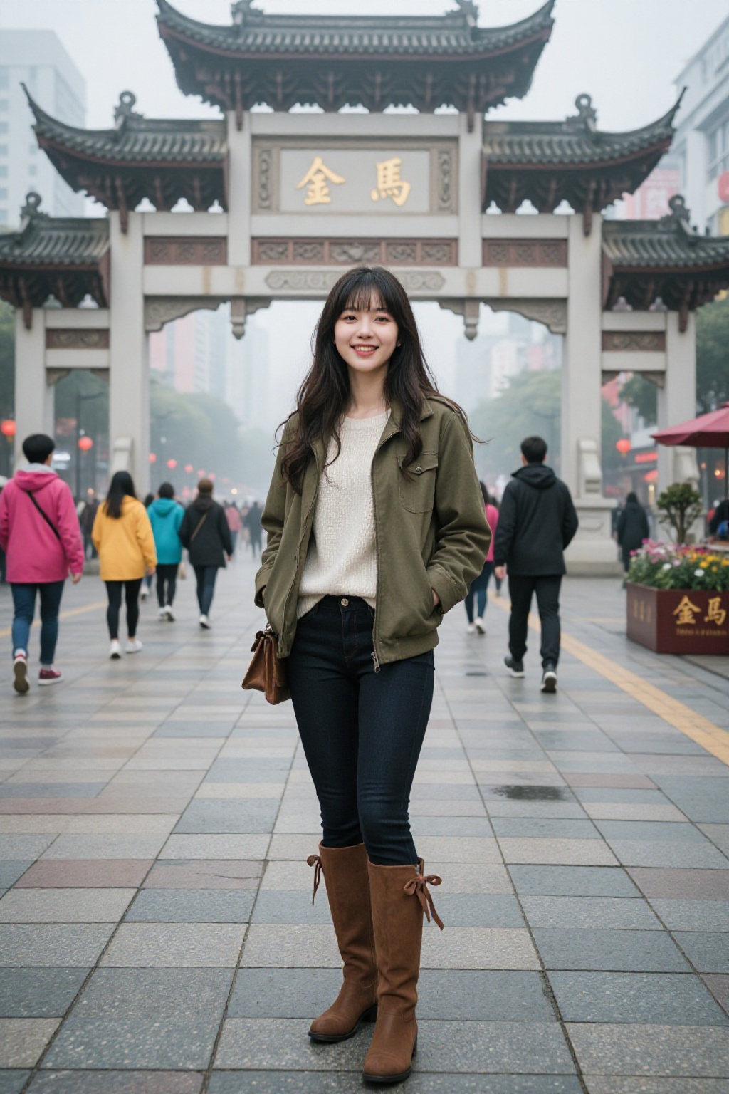 一位漂亮的中国年轻女性在雾气弥漫的露天广场上自信站着,  背景是一座高大的传统中式牌坊,  牌坊上金字书法写着“金馬”。她站在画面中央附近 on Tensor.Art