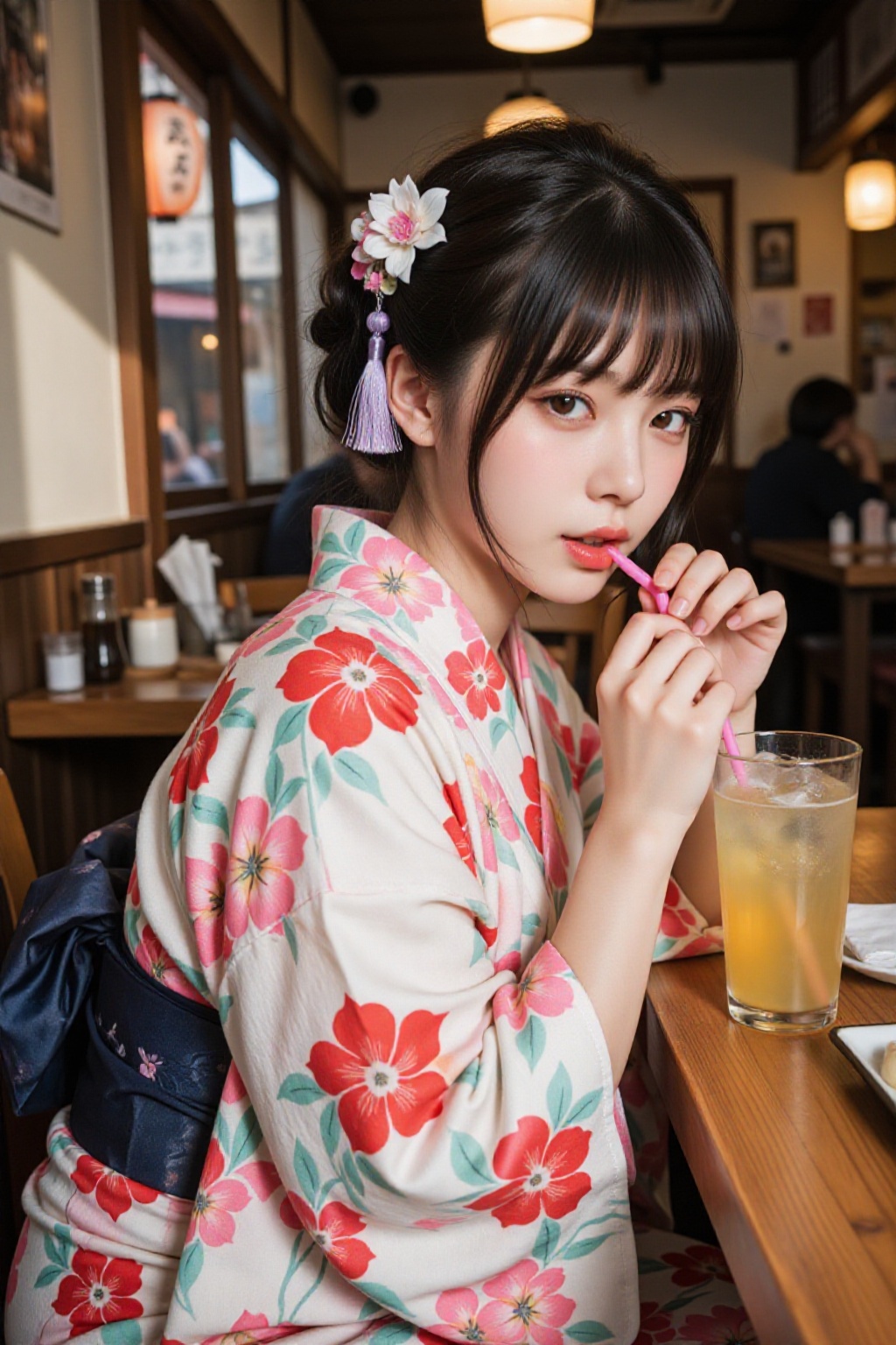 一位年轻女性身穿色彩鲜艳的和服坐在日式餐厅内,  和服以白色为底色,  上面印有大朵红色花卉图案 on Tensor.Art