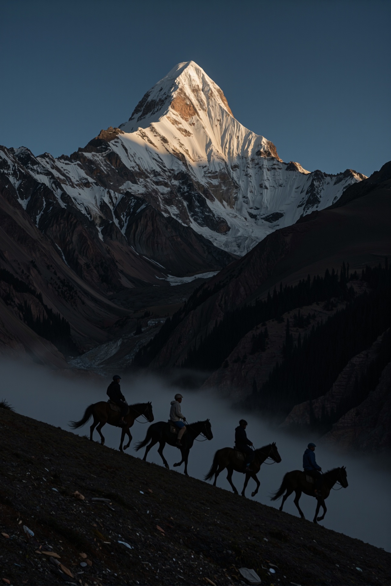 A majestic snow-capped mountain stands tall against a deep blue sky,  its peak glowing brightly under the sun while the re...