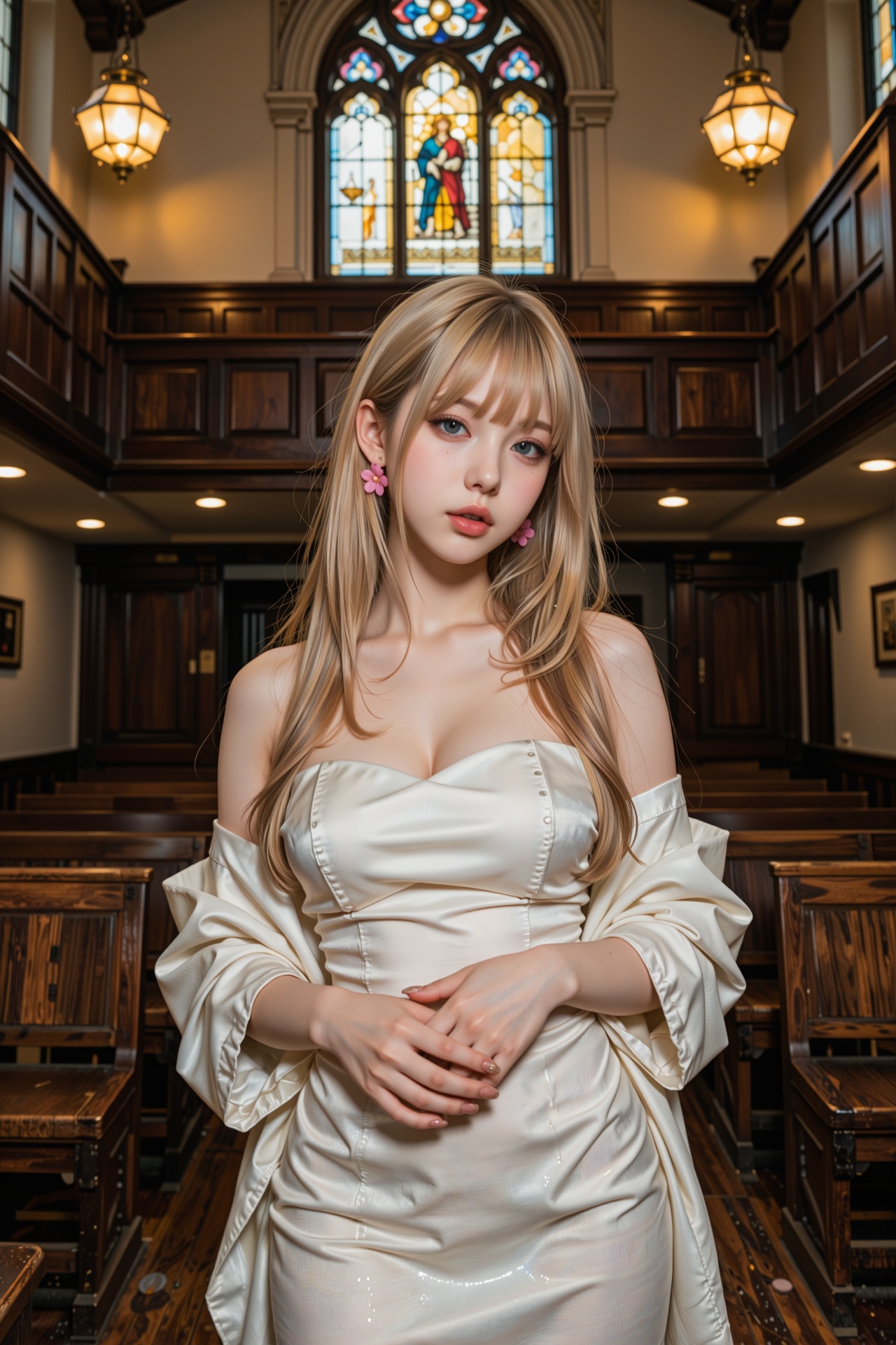 一位年轻女性站在一座宏伟的古典建筑内部,  她拥有浅金色的长发和齐刘海,  发丝柔顺地垂落在肩头 on Tensor.Art