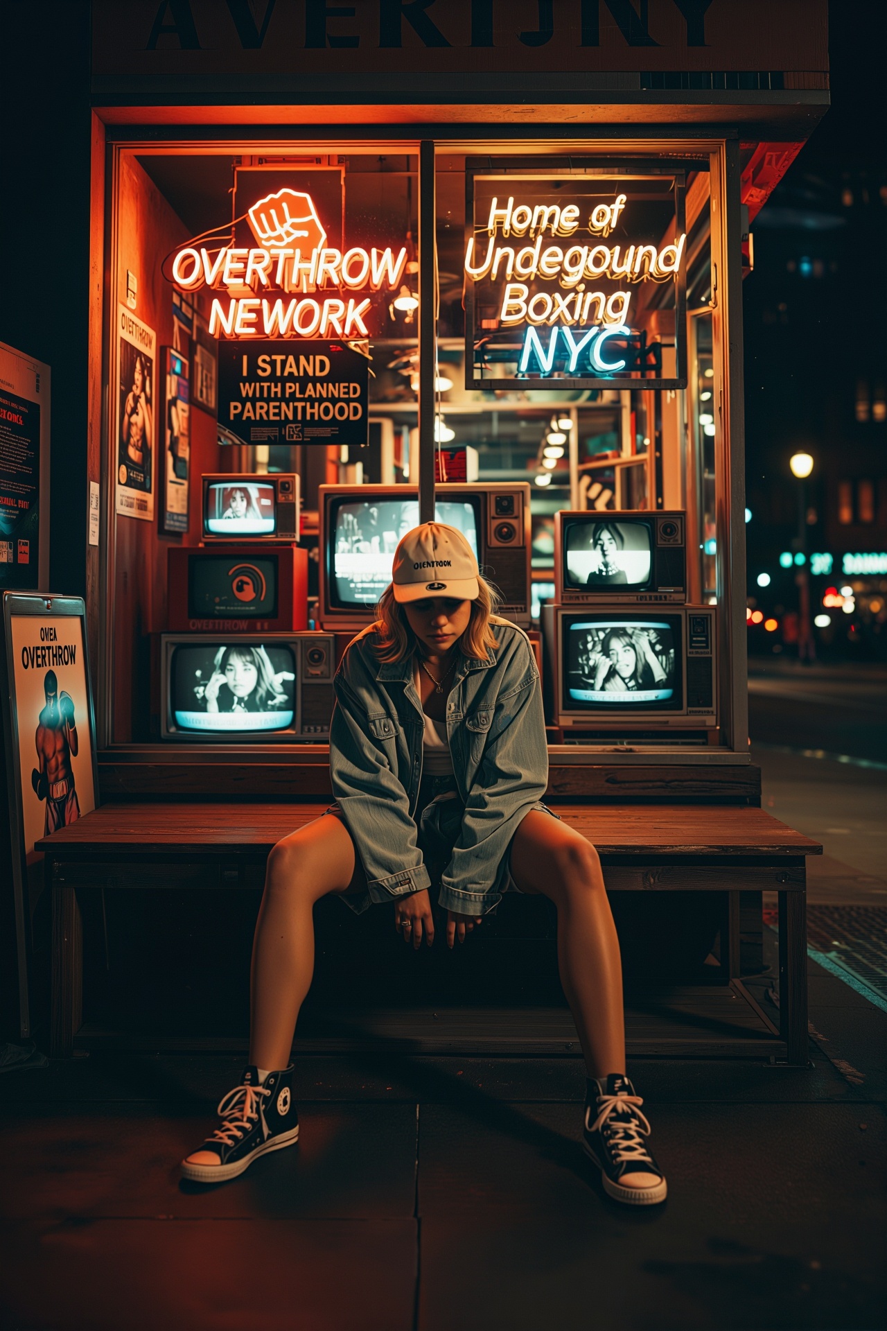 一位年轻女性坐在一家名为“OVERTHROW NEW YORK”的复古风格店铺门前的木质长凳上,  她身着宽松的浅蓝色牛仔夹克、白色T恤和短裤,  脚踩一双带有黑色波点装饰的白色高帮帆布鞋 on Tensor.Art