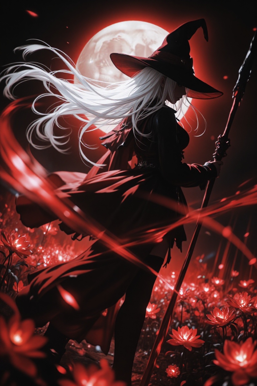 居右侧的魔女背影半身剪影,  弥散质感,  黑色红底魔法帽 on Tensor.Art