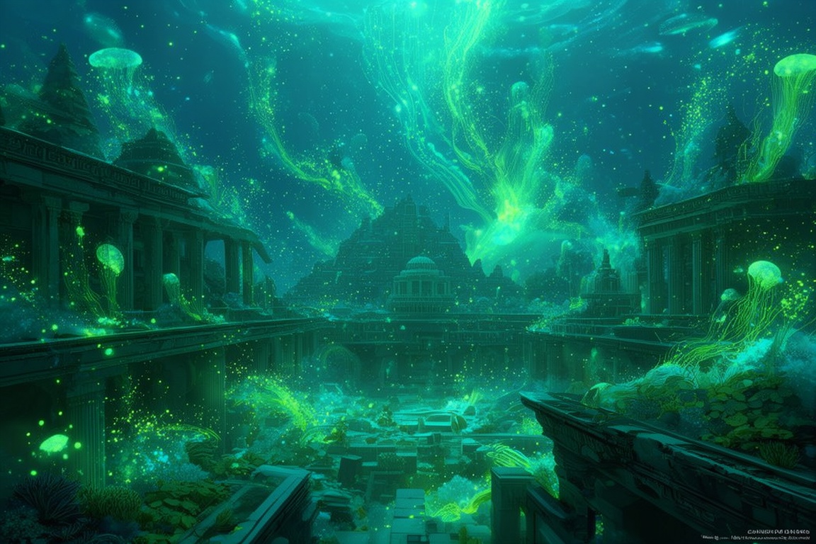 Underwater ruins of a ancient civilization,  bioluminescent plankton storms,  wide angle view by 燕麦粥巧克力 on Tensor.Art