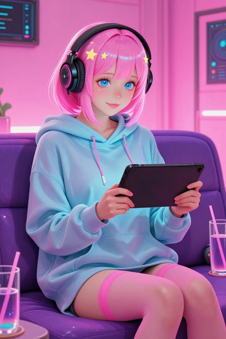 Captured at eye-level,  a young woman with pink hair and blue eyes is seated on a purple sofa,  wearing a hooded sweatshir...